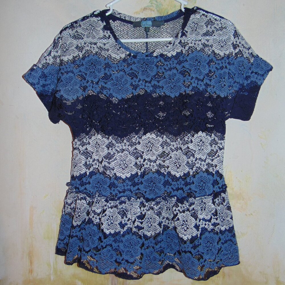 Eva Franco Anthropologie Sheer Striped Lace Peplum Top Blouse Size S Navy Blue